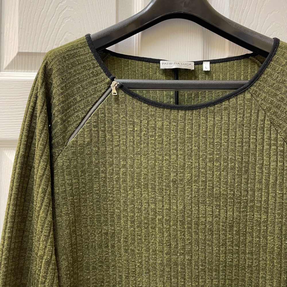Patrizia Luca Sweater Women's Large‎ Olive/Black Crew Zipper Detail (MSRP $128)